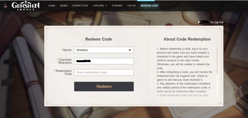how to redeem code in genshin impact